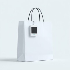 A white shopping bag with a smart phone