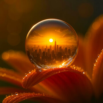  Tiny sunrise city inside a dew drop, photorealistic macro world
