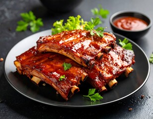 Delicious BBQ ribs on a dark plate