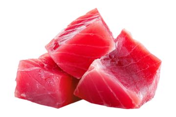 Fresh raw tuna cubes Micronesian sashimi isolated on white transparent background, representing seafood freshness.