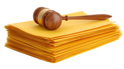 Gavel on Stack of Yellow Files Legal Documents Justice Law