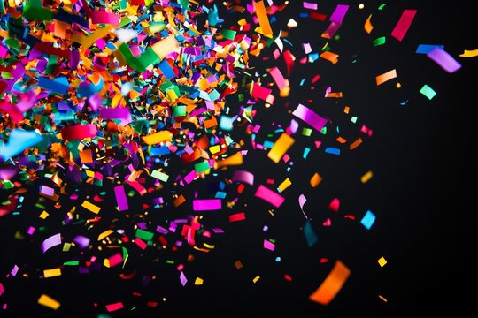 Vibrant Confetti Explosion Against Black Background, Celebrating