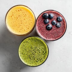Three glasses of smoothie with blueberries, rasberries, and gree