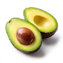 Two avocas cut in half on a white surface