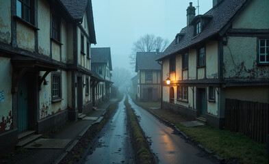 An empty village street lined with old Saxon-style houses