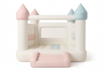 White inflatable bouncy castle with pink and blue turrets, perfect for children's parties and events, isolated on transparent background