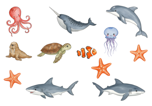 watercolor illustration clipart for nursery and baby shower . Whale, Dolphin, narwhal, octopus, sea turtle, walrus, sea horse, starfish, pupperfish, jellyfish, shark, clownfish - Powered by Adobe