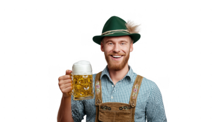 Man in Bavarian dress lifts beer mug, created with AI, PNG