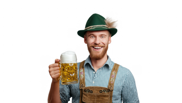 Man in Bavarian dress lifts beer mug, created with AI, PNG