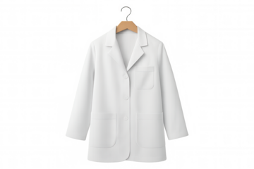 Medical lab coat draped on wooden hanger, clean professional garment symbolizing healthcare and scientific expertise
