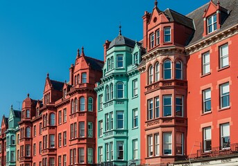Obraz premium Row of colorful victorian buildings against a clear blue sky in a residential area of a european city