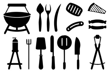 A sleek vector bundle of minimalist line art icons depicting grilling and outdoor cooking equipment. Perfect for BBQ event branding, outdoor kitchen designs, food festival posters