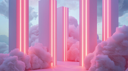 Cinematic photography style with asymmetrical neon lighting integrated into a minimalistic white background. 