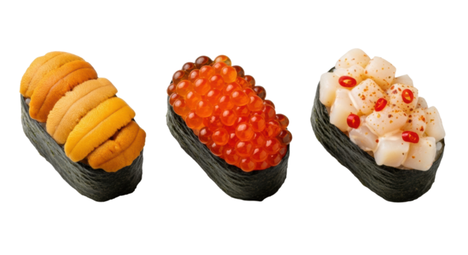 Three distinct gunkanmaki (uni, ikura, scallop chili) on white ceramic plate, isolated on transparent background, top-down flat lay. Concept of gourmet Japanese cuisine
