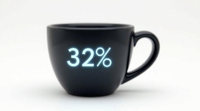 A black coffee cup with a 32 discount offer isolated on white background, representing a promotional sale, special deal, or marketing campaign for business and finance - Powered by Adobe