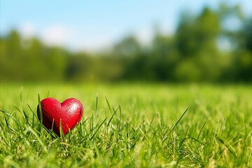 Vibrant Red Heart Resting in Lush Green Grass with Blue Sky
