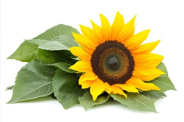 Obraz premium Vibrant Sunflower Bloom with Lush Green Leaves on a Clean White