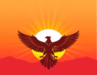 Obraz premium An eagle silhouette with outstretched wings against a radiant sun and mountain landscape in shades of red and orange.