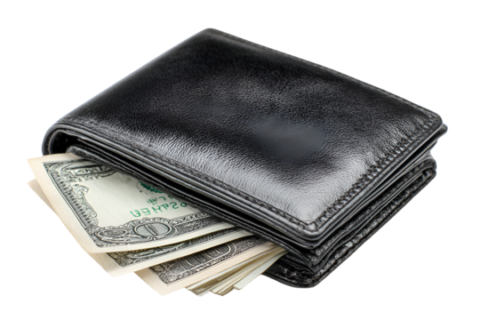 Black Leather Wallet with US Dollar Bills