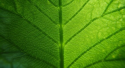 Obraz premium Sunlight filtering through a fresh green leaf, creating a detailed background of natural patterns, texture, and veins