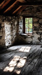 Obraz premium Sunlit attic with stone walls, wood beams, and aged floorboards