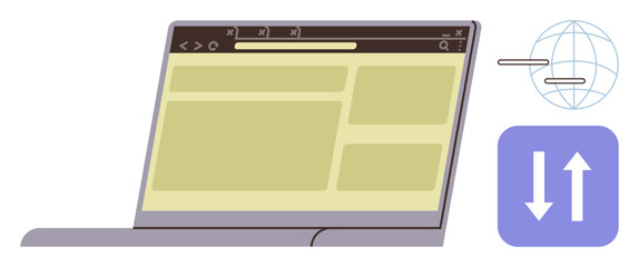 Open laptop with active web browser next to globe icon and uploaddownload arrows. Ideal for technology, internet, data transfer, web design, global communication, digital work, and connectivity
