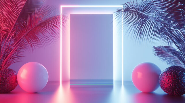 Cinematic photography style with asymmetrical neon lighting integrated into a minimalistic white background. 