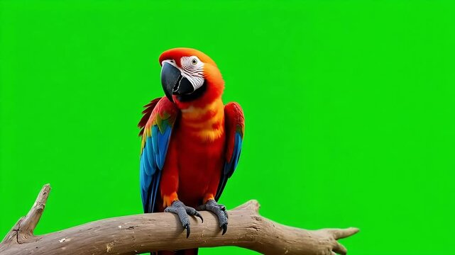 Vibrant macaw parrot perched on a branch against a bright green screen for easy video compositing