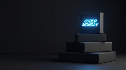 A minimalist composition featuring a stack of black boxes, with the top box radiating a vibrant neon cyber monday message, inviting customers to explore exclusive offers and savings online