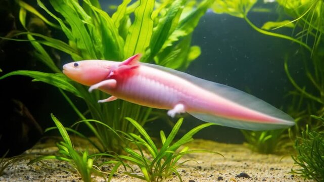 Captivating axolotl swimming gracefully among lush aquatic plants in vibrant aquarium video
