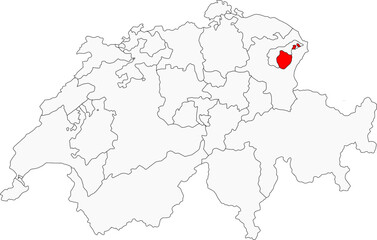 Map of Switzerland highlighting the canton of Appenzell Innerrhoden. Perfect for projects on its unique culture, traditional democracy, and stunning alpine scenery.