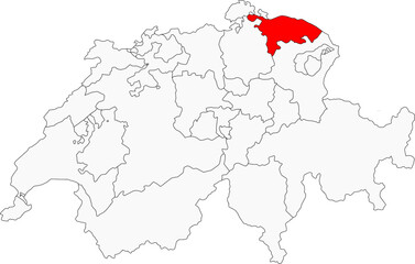 Map of Switzerland highlighting the canton of Thurgau. Ideal for projects on its apple orchards, rural landscapes, and proximity to Lake Constance.