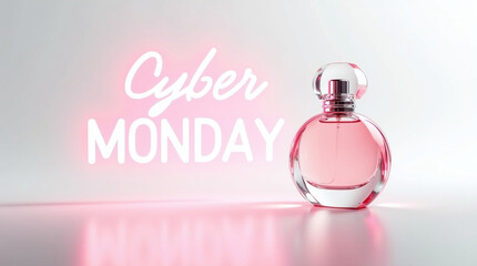 Elegant perfume bottle with cyber monday neon sign isolated on white background, a promotional event for online sales and discounts, perfect for beauty and cosmetic marketing
