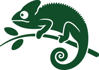 Naklejka premium Silhouette of a Green Chameleon on a Branch with a Curled Tail