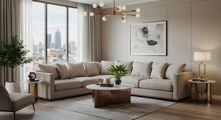 Chic and Contemporary Living Room with Elegant Lighting and Art