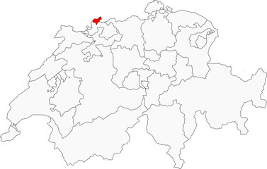 Map of Switzerland highlighting the city-state of Basel-Stadt. Ideal for projects on its cultural scene, pharmaceutical industry, and location on the Rhine River