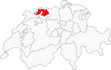 Map of Switzerland highlighting the canton of Basel-Landschaft. Ideal for projects on its rural landscapes, industrial heritage, and proximity to Basel-Stadt
