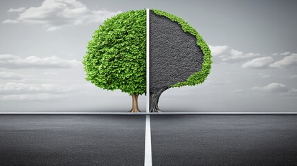 Conceptual representation of environmental contrast with healthy and polluted tree halves