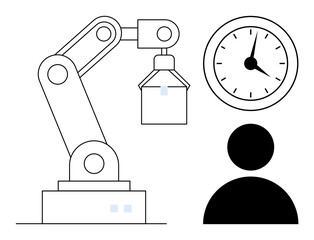 Robotic arm grasping an object beside a clock and human figure, highlighting technology, efficiency, time, automation, productivity, manufacturing, and human-machine interaction in a simple flat
