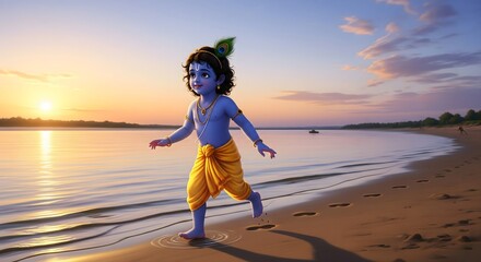 Young krishna running joyfully along a serene beach at sunset