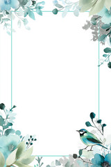 Fototapeta premium Soft Green Watercolor Floral and Leaves Border with Perched Bird