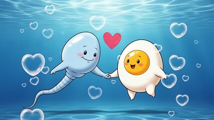 Animated sperm and egg holding hands underwater amid hearts create a joyful metaphor for family planning and reproductive health education.