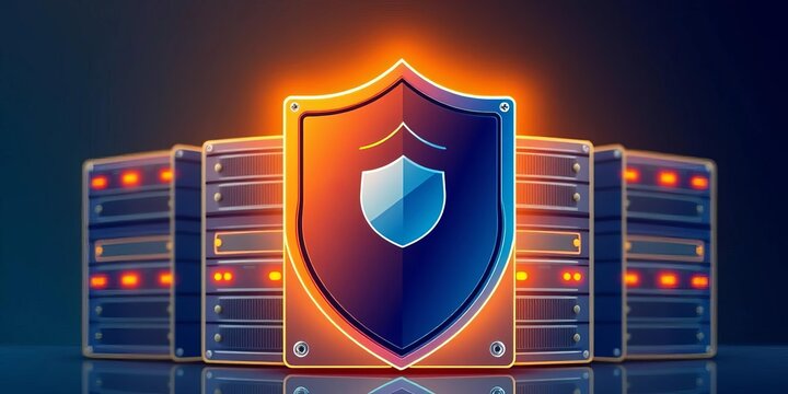 Hard disk array with shield, data protection concept Thin line icon  Vector illustration,   data storage,  icon