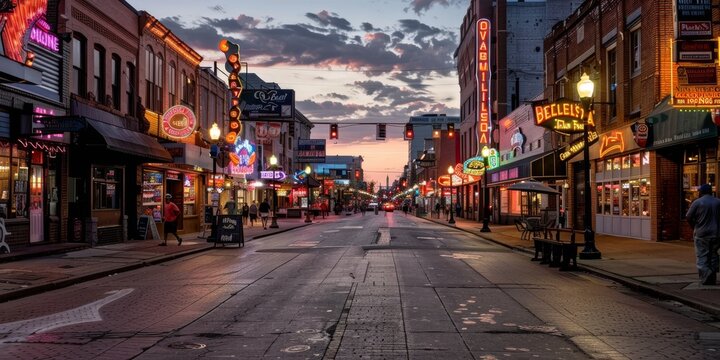 Beale street showing its neon lights at dusk in memphis