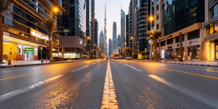 Empty sheikh zayed road showing burj khalifa at sunrise in dubai, united arab emirates