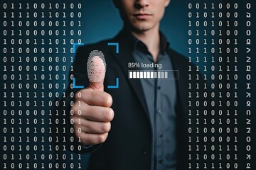 Man s thumb with fingerprint scan overlayed with digital binary code and data processing representing cybersecurity and identity verification
