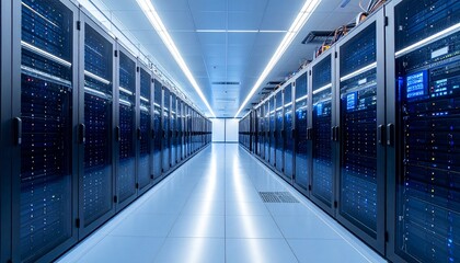 Modern server room Rows of server racks in a high-tech data center