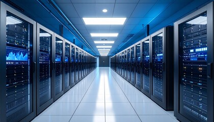 High-tech data center corridor with rows of modern server racks for network and cloud computing storage