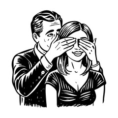 Vintage style illustration of man covering eyes playfully