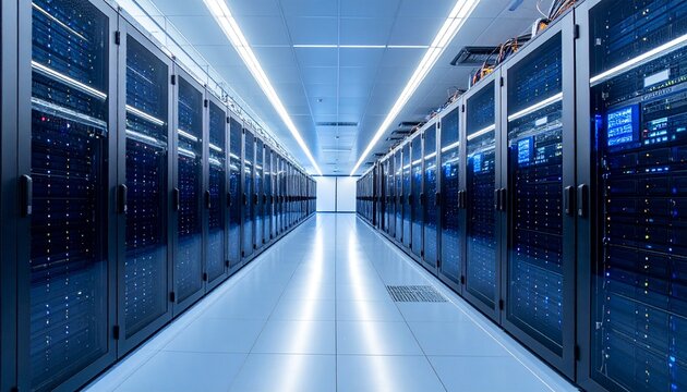 Modern server room Rows of server racks in a high-tech data center